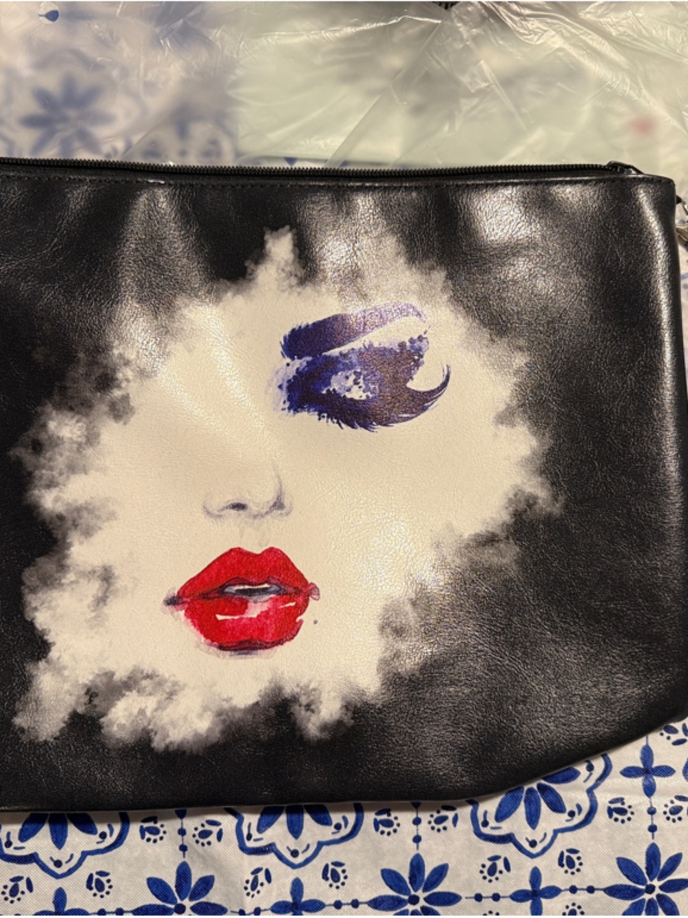 Black Leatherette Clutch with Graphic Red & Purple Lip Design